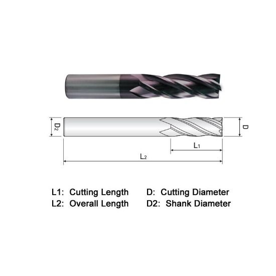 Picture of Widin ZA304032L1 Dia 1/2 SH 0.50 LOC 1.2500 OAL4.00 End Mill Standard Flute Standard Helix Carbide AlTiN Single End Square Sharp General PURPOSE