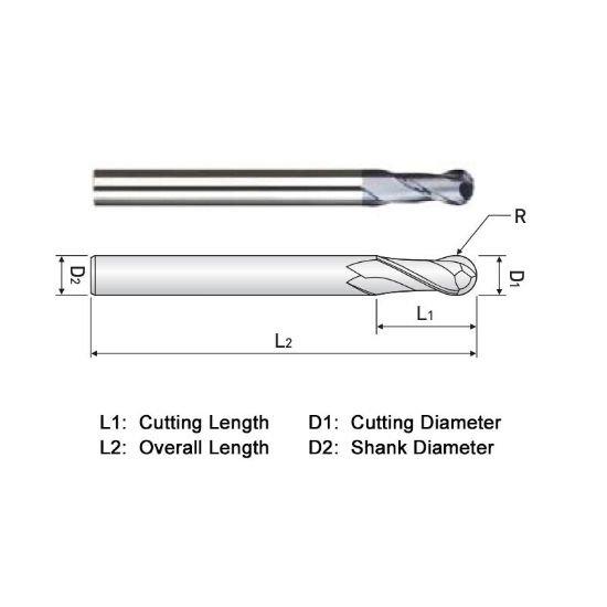 Picture of Widin ZB302013 Dia 13/64 SH 0.2500 LOC 0.6250 OAL2.50 End Mill Standard Flute Standard Helix Carbide AlTiN Single End Ball NoseBall General PURPOSE