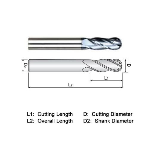 Picture of Widin ZB304020X Dia 5/16 SH 0.3125 LOC 1.6250 OAL4.00 End Mill Standard Flute Standard Helix Carbide AlTiN Single End Ball NoseBall General PURPOSE