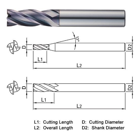 Picture of Widin ZE504130 Dia 13mm SH 0.5512 LOC 1.3780 OAL3.3465 End Mill Standard Flute Standard Helix Carbide AlTiN Single End Square Sharp Z-ClassIC