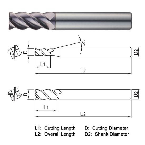 Picture of Widin ZE514A0040156-3 Dia 1/16 SH 0.1875 LOC 0.1250 OAL3.00 End Mill Standard Flute Standard Helix Carbide AlTiN Single End Square Sharp ClassIC