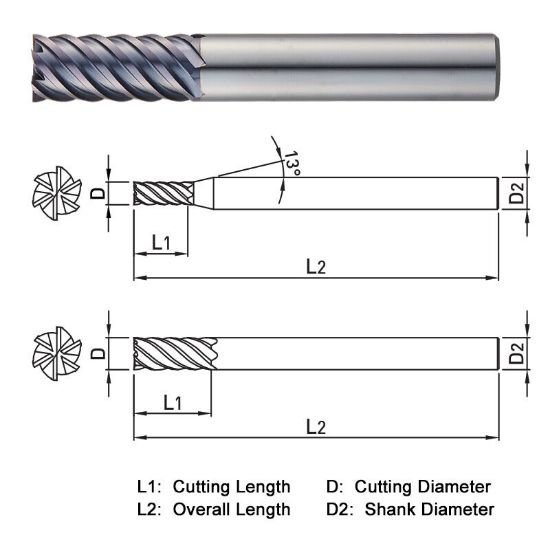 Picture of Widin ZE516100 Dia 10mm SH 0.3937 LOC 0.8661 OAL2.7559 End Mill Standard Flute High Helix Carbide AlTiN Single End Square Sharp ClassIC