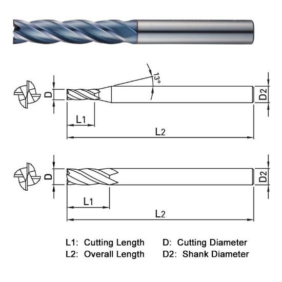 Picture of Widin ZE524030 Dia 3mm SH 0.2362 LOC 0.9843 OAL2.9528 End Mill Standard Flute Standard Helix Carbide AlTiN Single End Square Sharp ClassIC