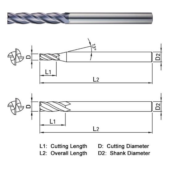 Picture of Widin ZE534122 Dia 12mm SH 0.4724 LOC 3.1496 OAL7.8740 End Mill Standard Flute Standard Helix Carbide AlTiN Single End Square Sharp ClassIC
