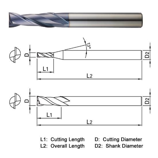 Picture of Widin ZM502050 Dia 5mm SH 0.2362 LOC 0.7874 OAL2.3622 End Mill Standard Flute Standard Helix Carbide AlTiN Single End Square Sharp Z-ClassIC