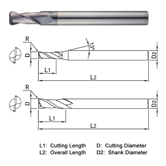 Picture of Widin ZR3220302 Dia 3mm SH 0.2362 LOC 0.3150 OAL2.3622 End Mill Standard Flute Standard Helix Carbide TiAlN Single End Corner Radius0.0079 0.20mm THUNDER
