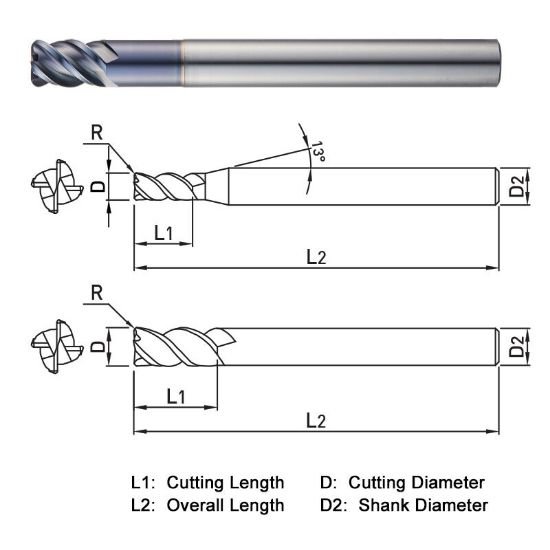 Picture of Widin ZR3240603 Dia 6mm SH 0.2362 LOC 0.5118 OAL3.5433 End Mill Standard Flute Standard Helix Carbide TiAlN Single End Corner Radius0.0118 0.30mm THUNDER