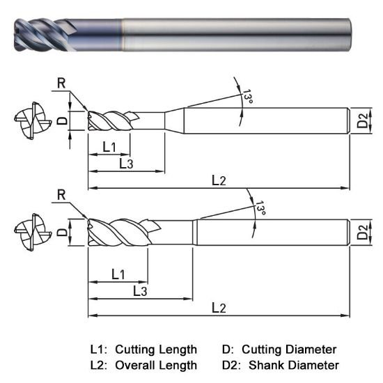 Picture of Widin ZR324H1205 Dia 12mm SH 0.4724 LOC 0.7087 OAL4.3307 End Mill Standard Flute High Helix Carbide TiAlN Single End Corner Radius0.0197 0.50mm THUNDER