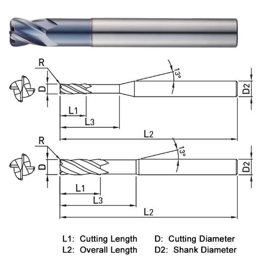Picture of Widin ZR5041215 Dia 12mm SH 0.4724 LOC 0.5906 OAL3.2283 End Mill Standard Flute Standard Helix Carbide AlTiN Single End Corner Radius0.0591 1.50mm Z-ClassIC