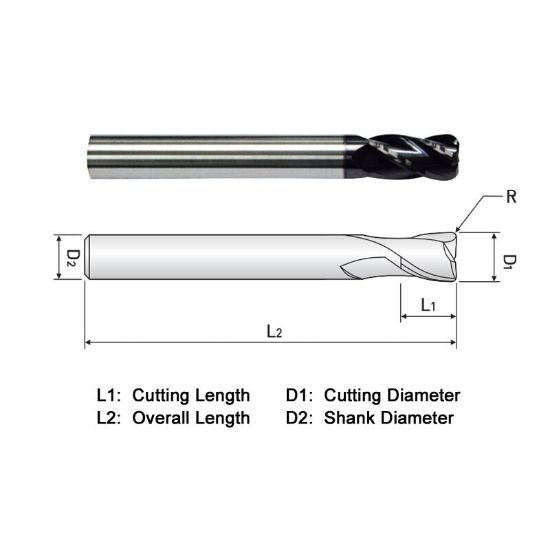 Picture of Widin ZR504A01230 Dia 3/16 SH 0.2500 LOC 0.3750 OAL2.50 End Mill Standard Flute Standard Helix Carbide AlTiN Single End Corner Radius0.0300 0.76mm Z-ClassIC