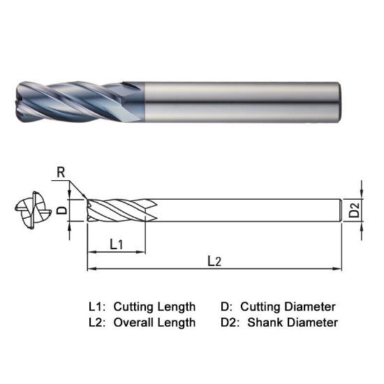 Picture of Widin ZR5141010 Dia 10mm SH 0.3937 LOC 0.9843 OAL3.1496 End Mill Standard Flute Standard Helix Carbide AlTiN Single End Corner Radius0.0394 1.00mm Z-ClassIC