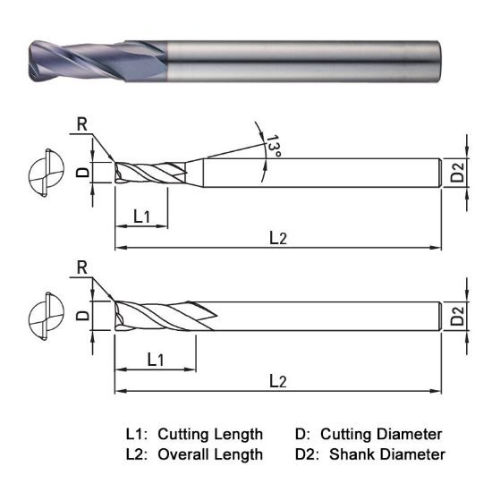 Picture of Widin ZR5220610 Dia 6mm SH 0.2362 LOC 0.5118 OAL3.5433 End Mill Standard Flute Standard Helix Carbide AlTiN Single End Corner Radius0.0394 1.00mm Z-ClassIC