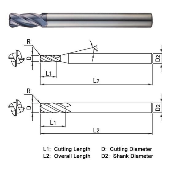 Picture of Widin ZR5240820 Dia 8mm SH 0.3150 LOC 0.7480 OAL3.9370 End Mill Standard Flute Standard Helix Carbide AlTiN Single End Corner Radius0.0787 2.00mm Z-ClassIC