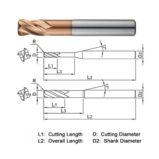 Picture of Widin ZR7040200508S4 Dia 2mm SH 0.1575 LOC 0.1181 OAL1.9685 End Mill Standard Flute Standard Helix Carbide AlTiN Single End Corner Radius0.0197 0.50mm Z-Star