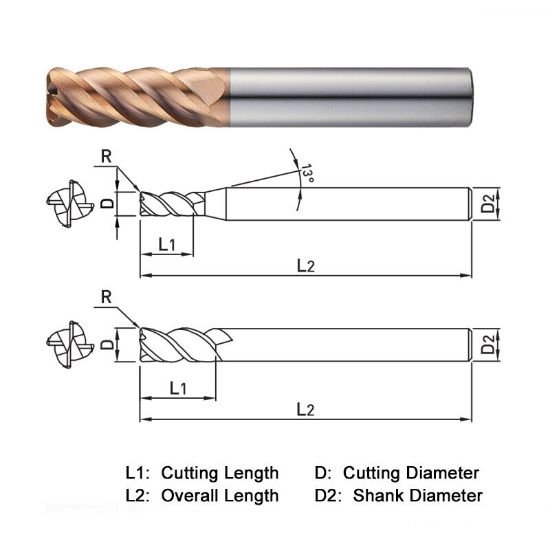 Picture of Widin ZR7141003 Dia 10mm SH 0.3937 LOC 0.9843 OAL2.7559 End Mill Standard Flute High Helix Carbide AlTiN Single End Corner Radius0.0118 0.30mm Z-Star