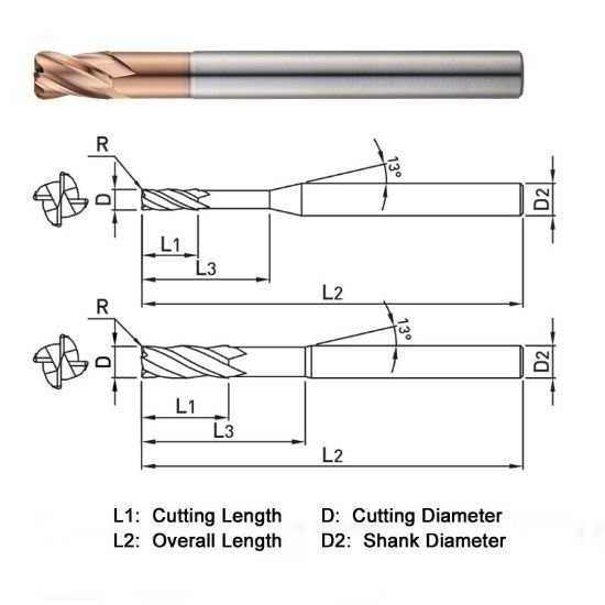 Picture of Widin ZR7240601020 Dia 6mm SH 0.2362 LOC 0.3543 OAL3.5433 End Mill Standard Flute Standard Helix Carbide AlTiN Single End Corner Radius0.0394 1.00mm Z-Star