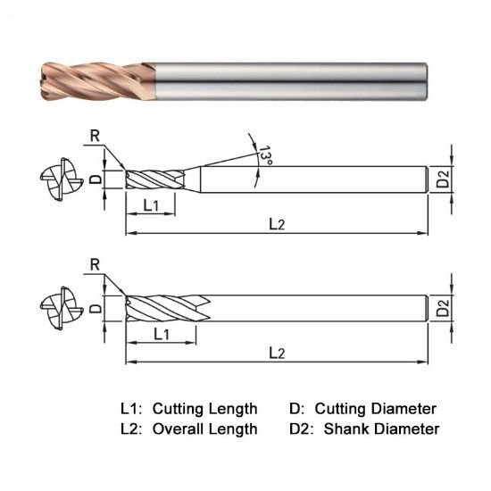 Picture of Widin ZR73404003 Dia 4mm SH 0.2362 LOC 0.3937 OAL2.7559 End Mill Standard Flute Standard Helix Carbide AlTiN Single End Corner Radius0.0118 0.30mm Z-Star