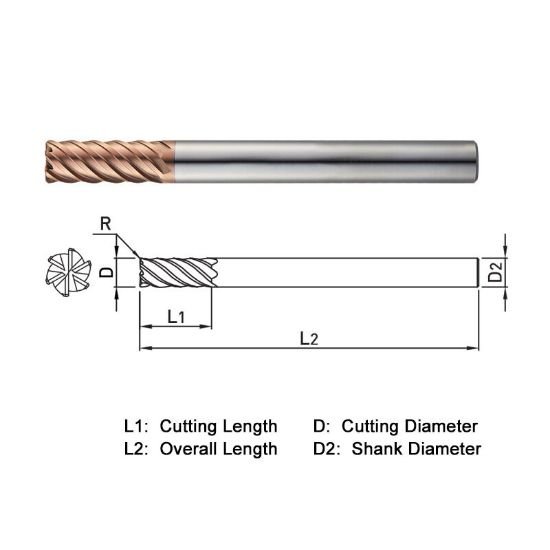 Picture of Widin ZR73606010 Dia 6mm SH 0.2362 LOC 0.5906 OAL3.5433 End Mill Standard Flute High Helix Carbide AlTiN Single End Corner Radius0.0394 1.00mm Z-Star