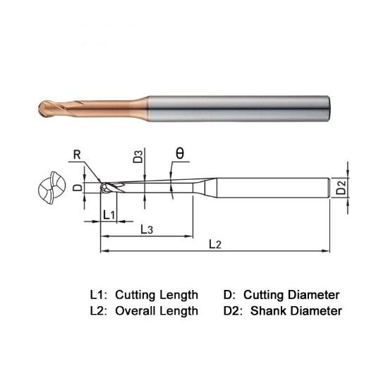 Picture of Widin ZSLNB2005-8 Dia 0.50mm SH 0.1575 LOC 0.0138 OAL1.968 End Mill Standard Flute Standard Helix Carbide AlTiN Single End Ball NoseBall Z-Star