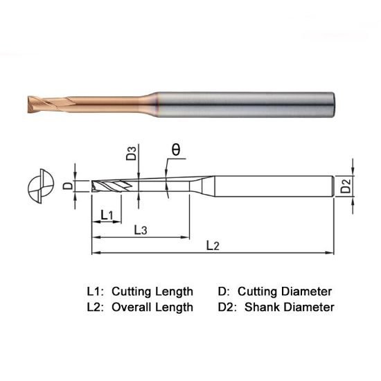 Picture of Widin ZSLNS2016-20 Dia 1.60mm SH 0.1575 LOC 0.0945 OAL2.362 End Mill Standard Flute Standard Helix Carbide AlTiN Single End Square Sharp Z-Star