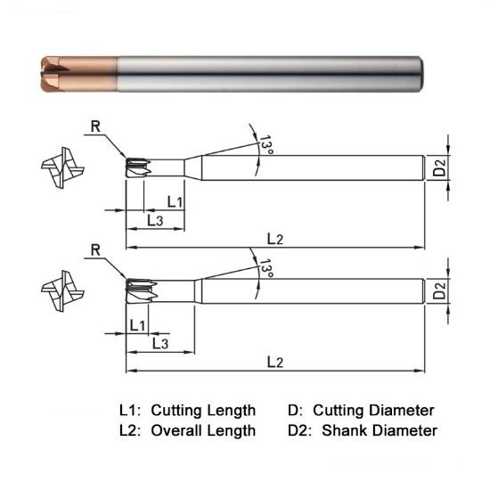 Picture of Widin ZSPM4030-075 Dia 3mm SH 0.2362 LOC 0.0472 OAL1.9685 End Mill Standard Flute High Helix Carbide AlTiN Single End Corner Radius0.0295 0.75mm Z-Star