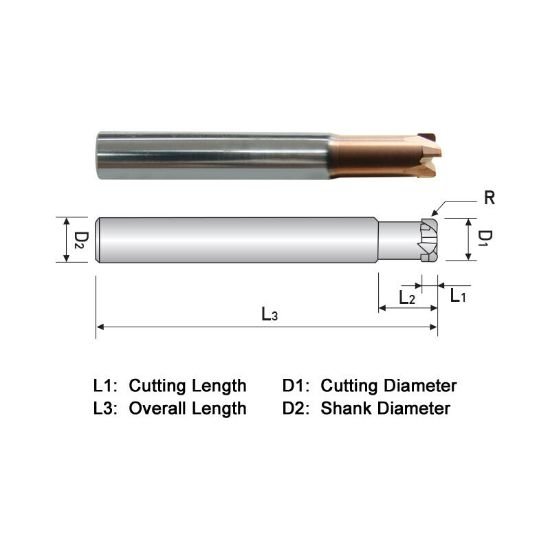 Picture of Widin ZSPM4A008 Dia 1/8 SH 0.2500 LOC 0.0630 OAL2.2500 End Mill Standard Flute High Helix Carbide AlTiN Single End Corner Radius0.0310 0.79mm Z-Star