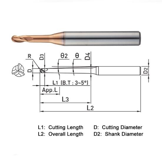 Picture of Widin ZSTNB3020-30-09 Dia 2mm SH 0.2362 LOC 0.0669 OAL2.7559 End Mill Standard Flute Standard Helix Carbide AlTiN Single End Ball NoseBall Z-Star